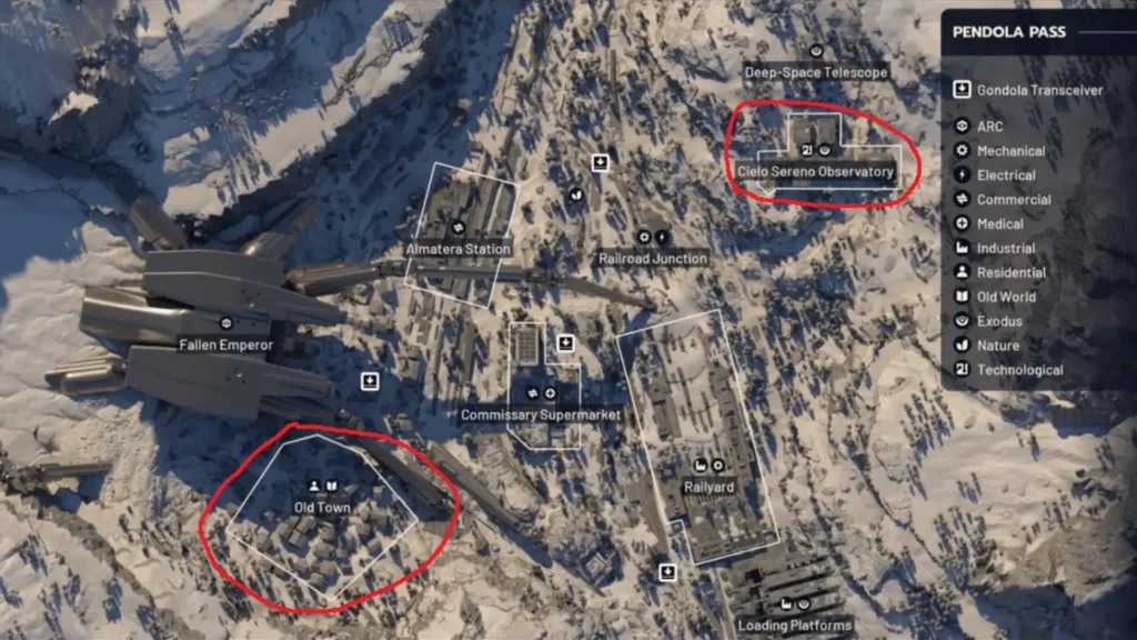 A top-down map of the Pendola Pass region in the game Arc, showing a snowy mountain terrain with several labeled locations, including the "Cielo Sereno Observatory" and "Old Town" circled in red.