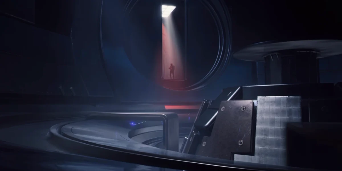 A cinematic screenshot from the game arc showing a lone soldier silhouetted in a brightly lit doorway within a dark, futuristic industrial facility.