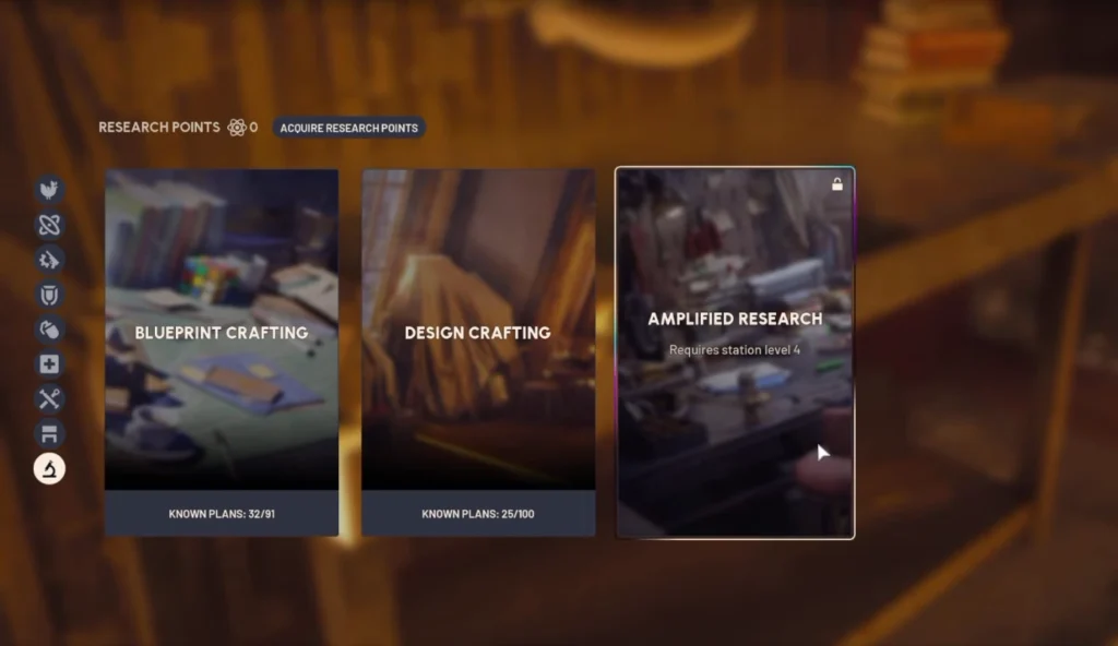 A screenshot of the research and crafting menu in arc, displaying three primary options: Blueprint Crafting, Design Crafting, and a locked Amplified Research category.