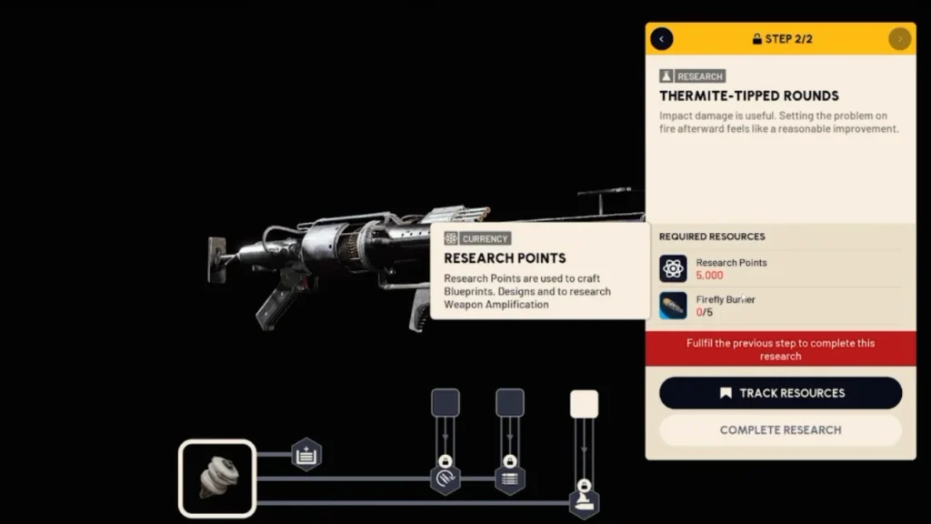 Arc Raiders weapon research menu for thermite-tipped rounds and crafting resource requirements.