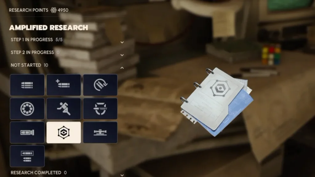 Arc Raiders Amplified Research menu interface with upgrade icons and research points.