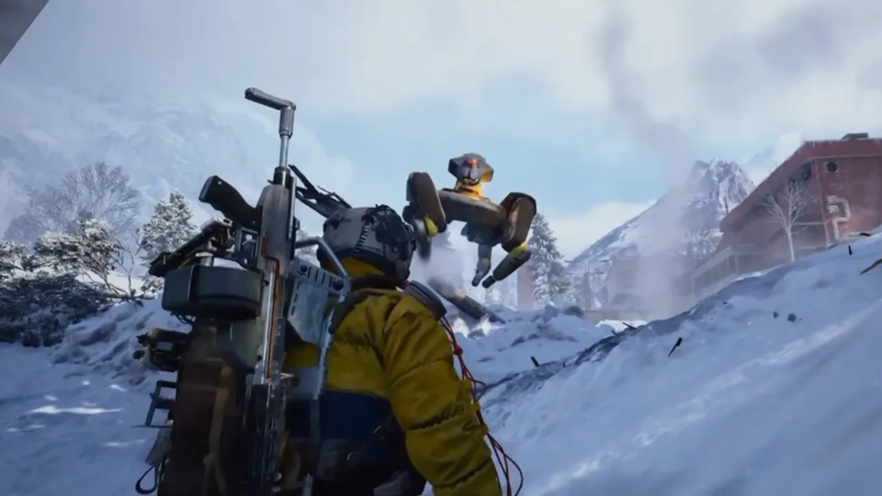 A Raider in a yellow jacket and a heavy backpack weapon looks up at a Bully caught mid-air in a snowy valley