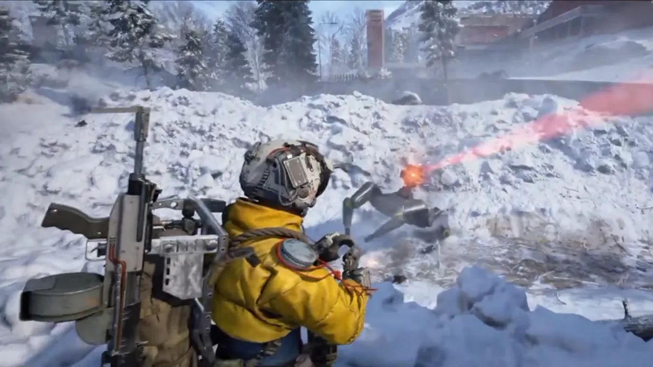 A Raider in a yellow jacket shoots a Bully on a snowy slope while a red beam flares off to the right
