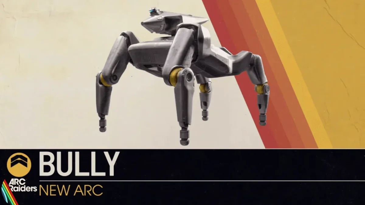 The Bully, a four-legged grey ARC machine with yellow knee joints, shown on the New ARC reveal card