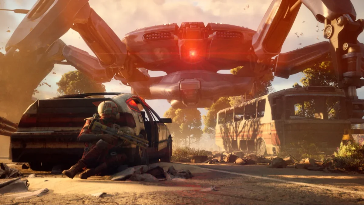 A Raider crouched behind a car while a large ARC machine with a glowing red light stands over the street