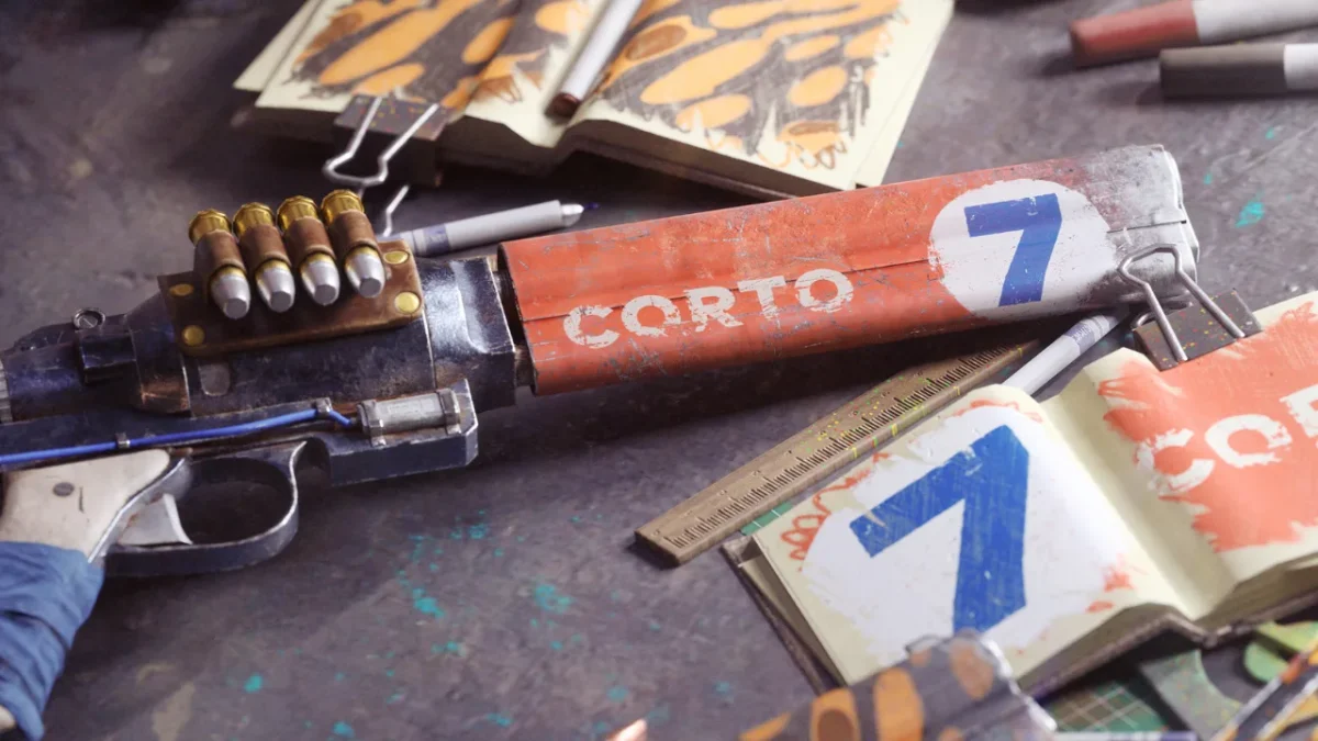 A weapon in ARC Raiders carrying an orange and white stencil design, surrounded by stencil sketchbooks and markers