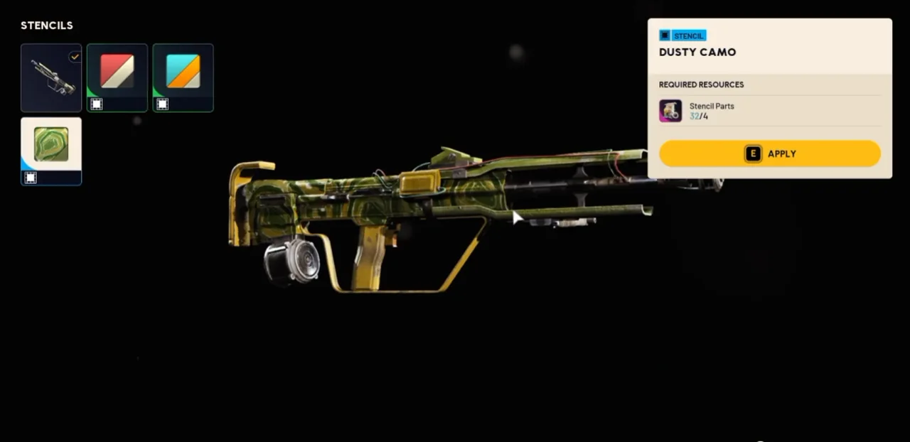 ARC Raiders Dusty Camo Stencil previewed on a weapon, showing 32 of 4 Stencil Parts required and the Apply button