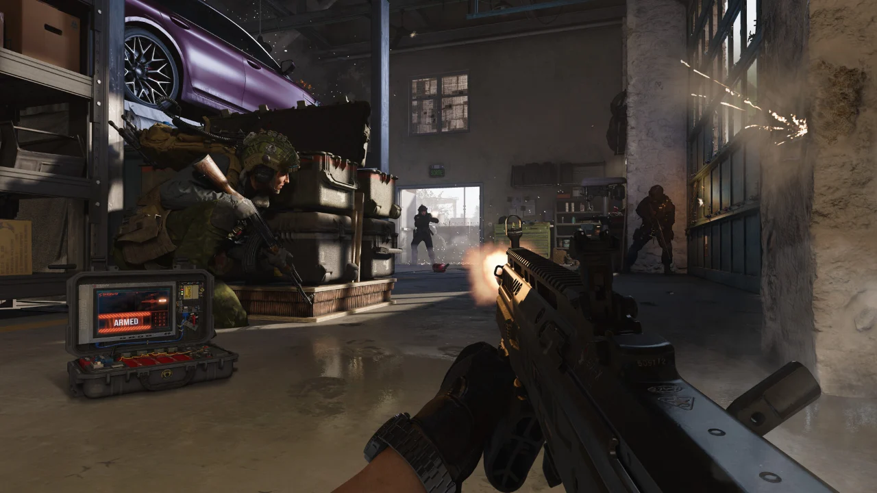 First-person view of a rifle firing inside a warehouse in Call of Duty: Modern Warfare 4