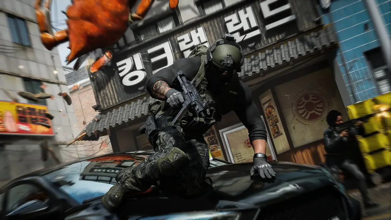 An operator crouched on a car with a weapon on a city street in Call of Duty: Modern Warfare 4