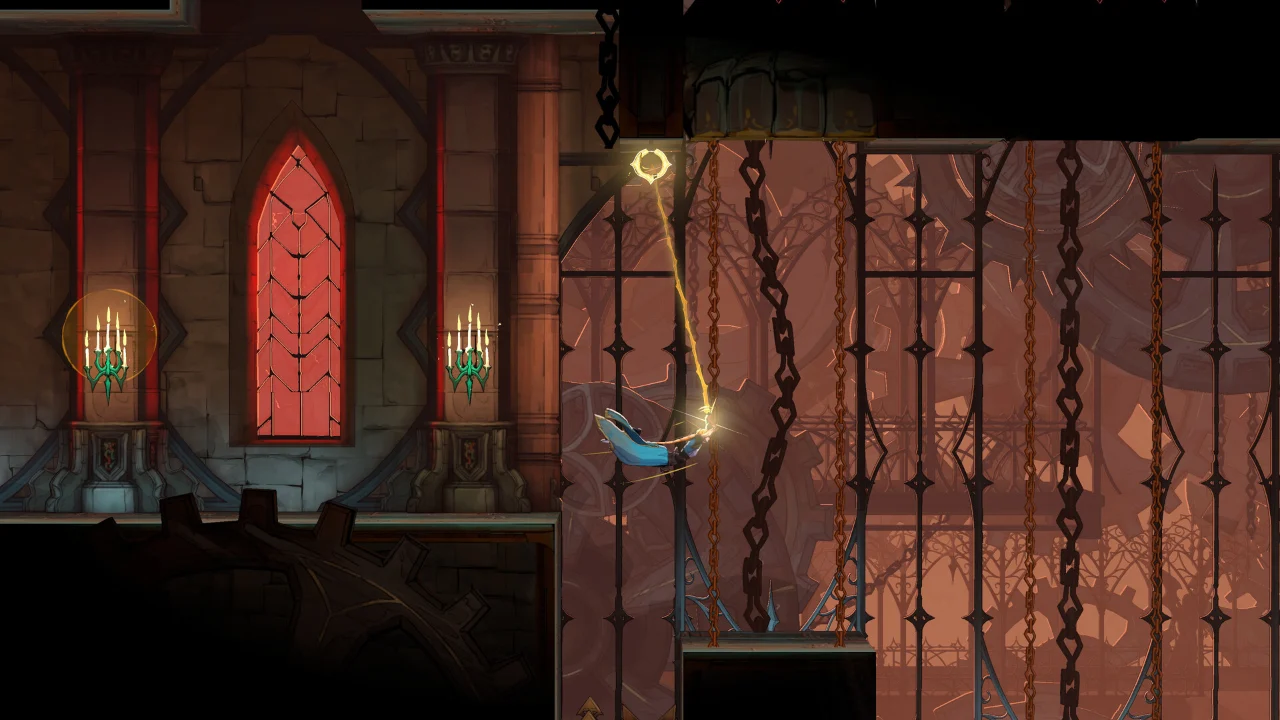 A character swinging on a whip grapple past a red stained glass window and lit candles in Castlevania: Belmont's Curse