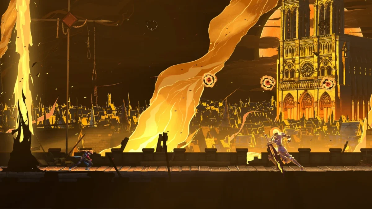 Notre-Dame cathedral rising above the burning streets of Paris in Castlevania: Belmont's Curse