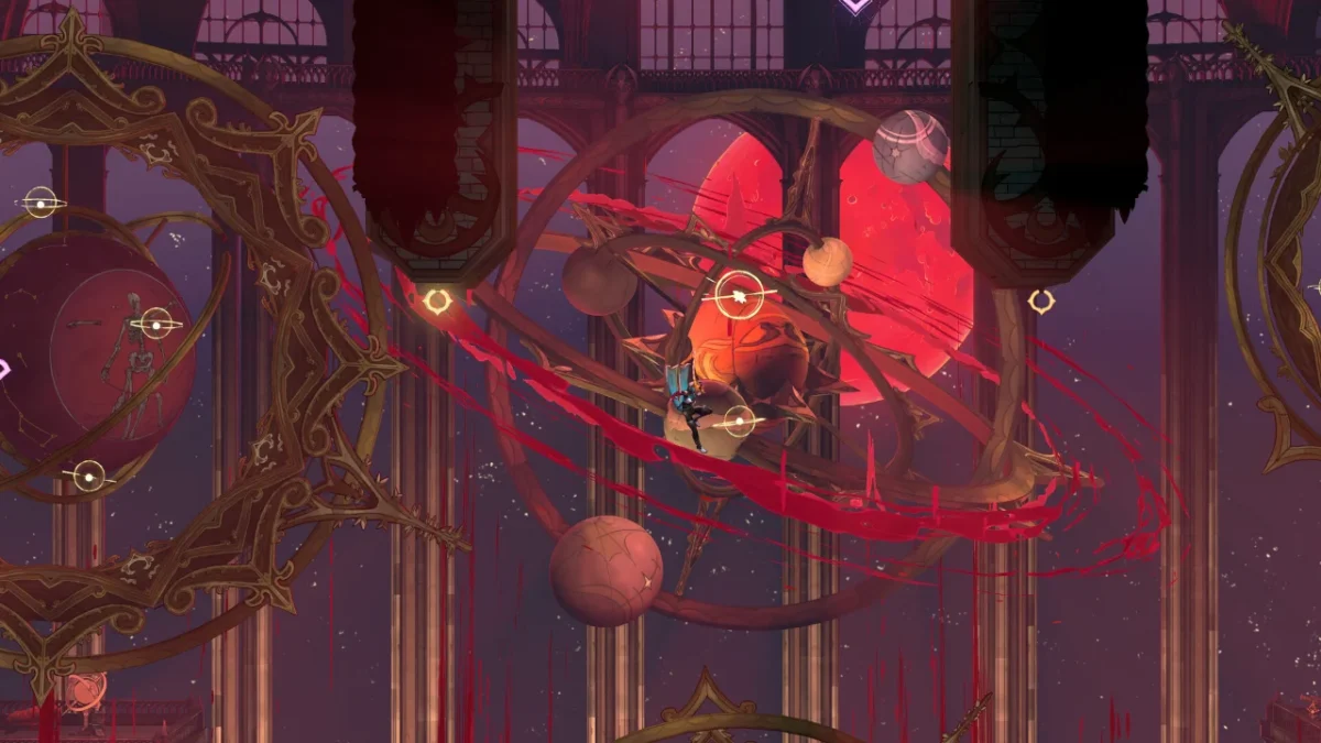 Rose slashing through a red-lit hall of orbiting planets and brass rings in Castlevania: Belmont's Curse