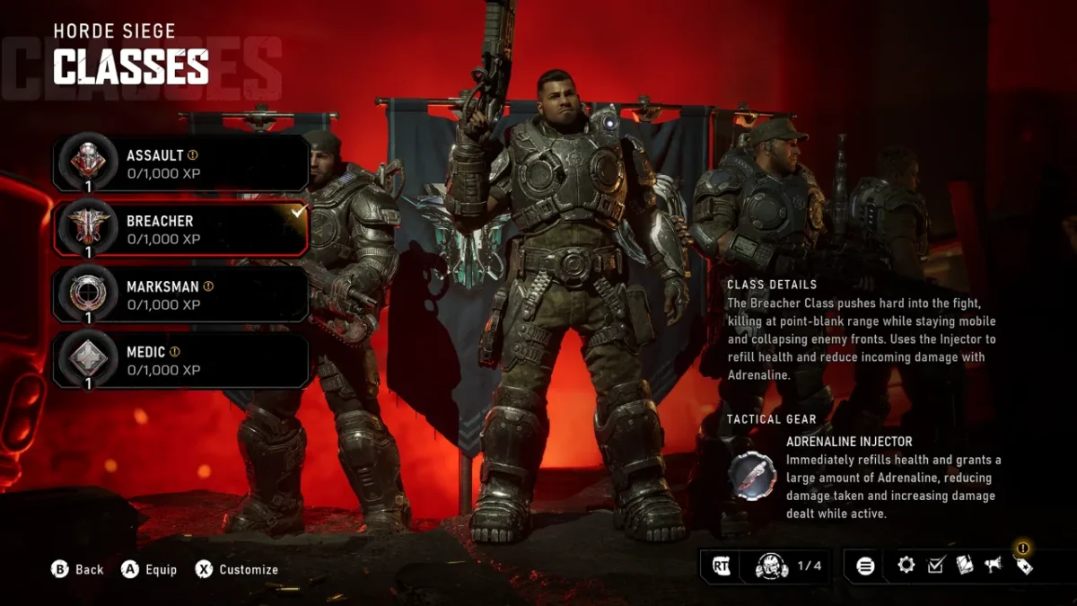 Gears of War: E-Day Horde Siege class select screen showing Assault, Breacher, Marksman and Medic