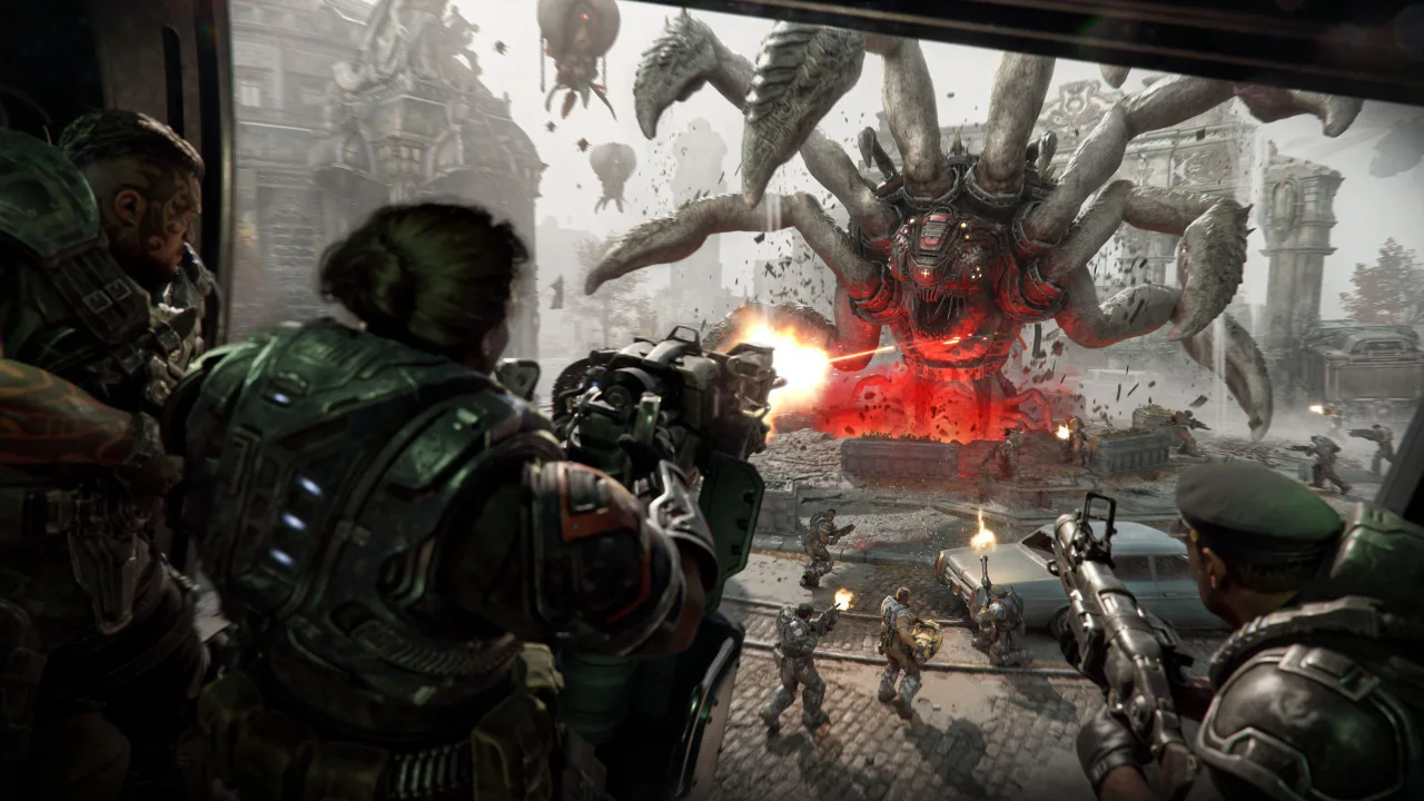 Gears of War: E-Day Horde Siege squad firing on a Corpser from a vehicle window