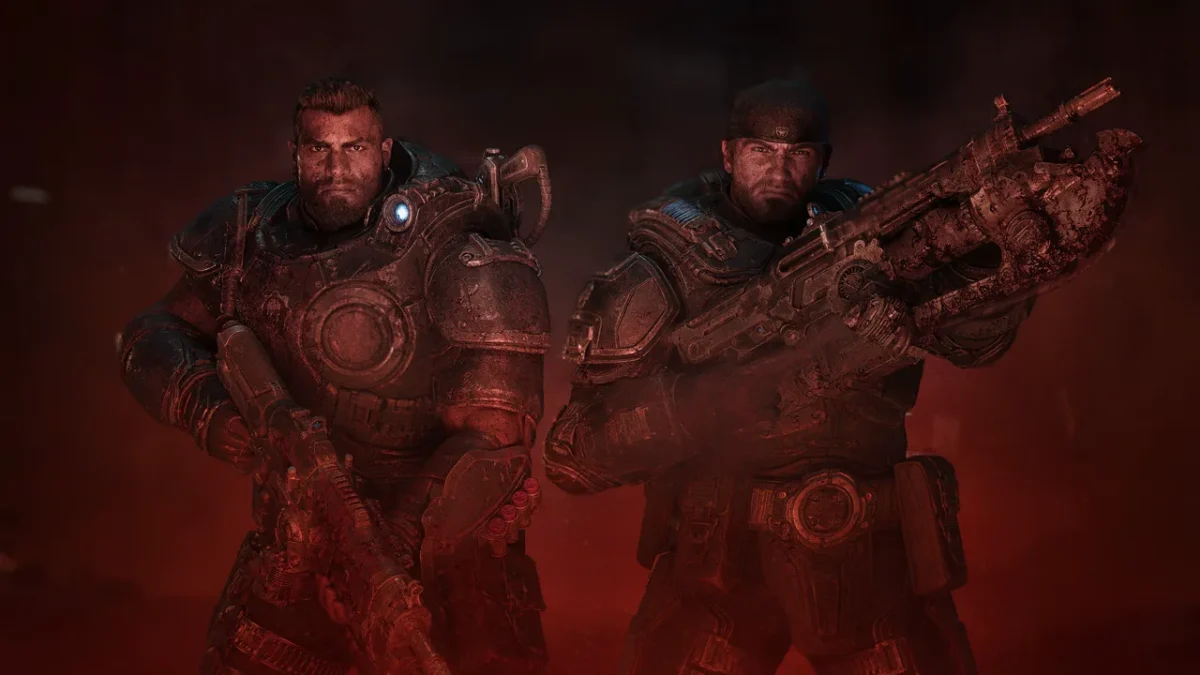 Gears of War: E-Day key art of Dom Santiago and Marcus Fenix in dirty armor against a red haze