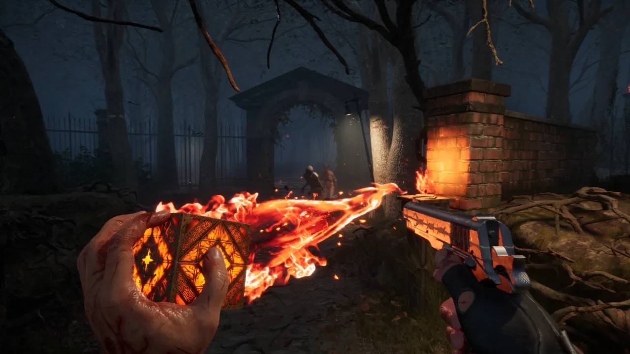 Aidan firing a stream of fire from the glowing puzzle box with a pistol in the other hand at a graveyard gate