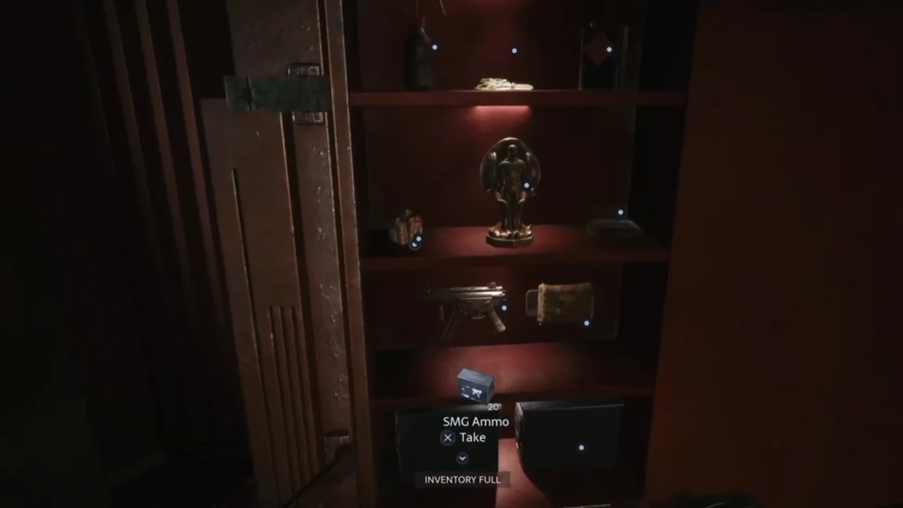 The keypad cabinet in Hellraiser: Revival holding the SMG Laser Pointer upgrade, with SMG ammo on the shelf