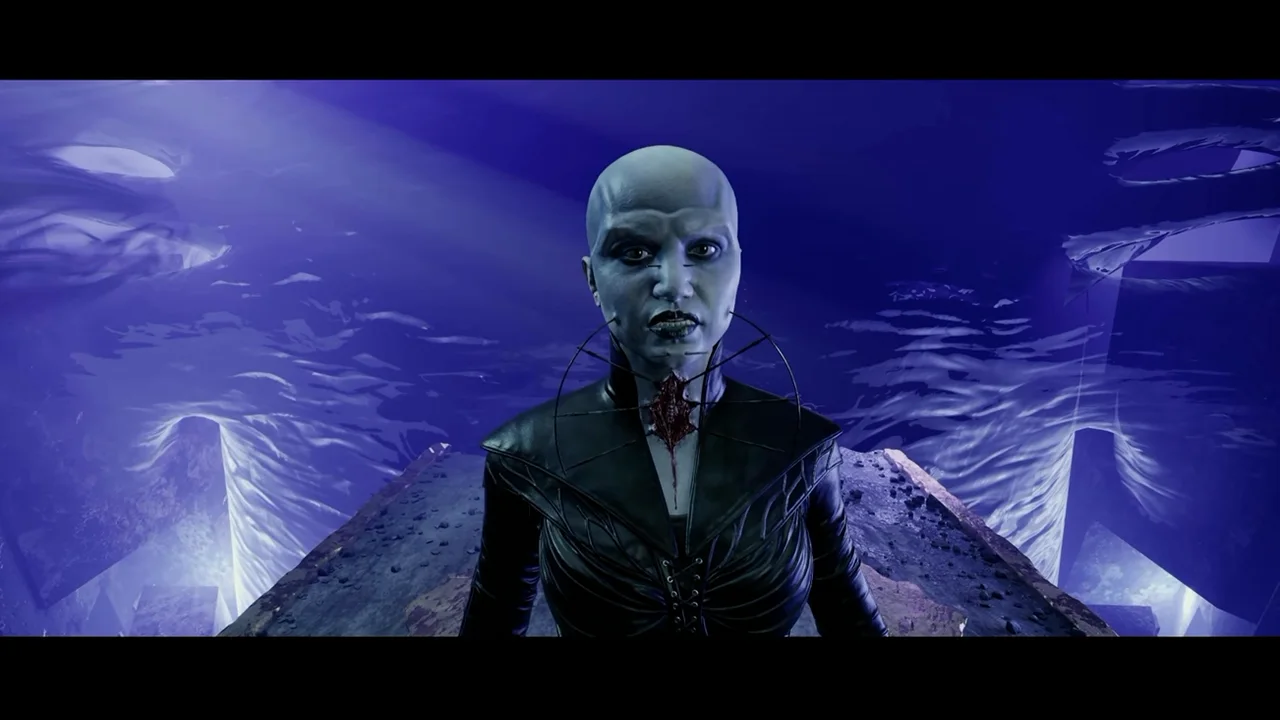 The bald Cenobite facing the player in a blue void at the end of Hellraiser: Revival