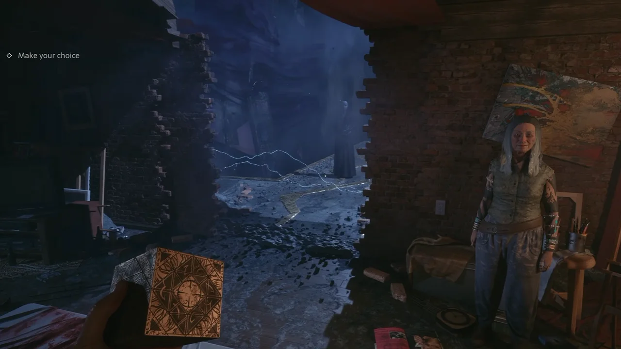 Hellraiser: Revival final choice screen: a hole in the apartment wall, the Merchant standing nearby and the puzzle box in Aidan's hand with the objective Make your choice