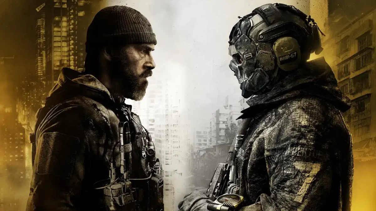 Two armed operators facing each other against a yellow city backdrop in Call of Duty: Modern Warfare 4