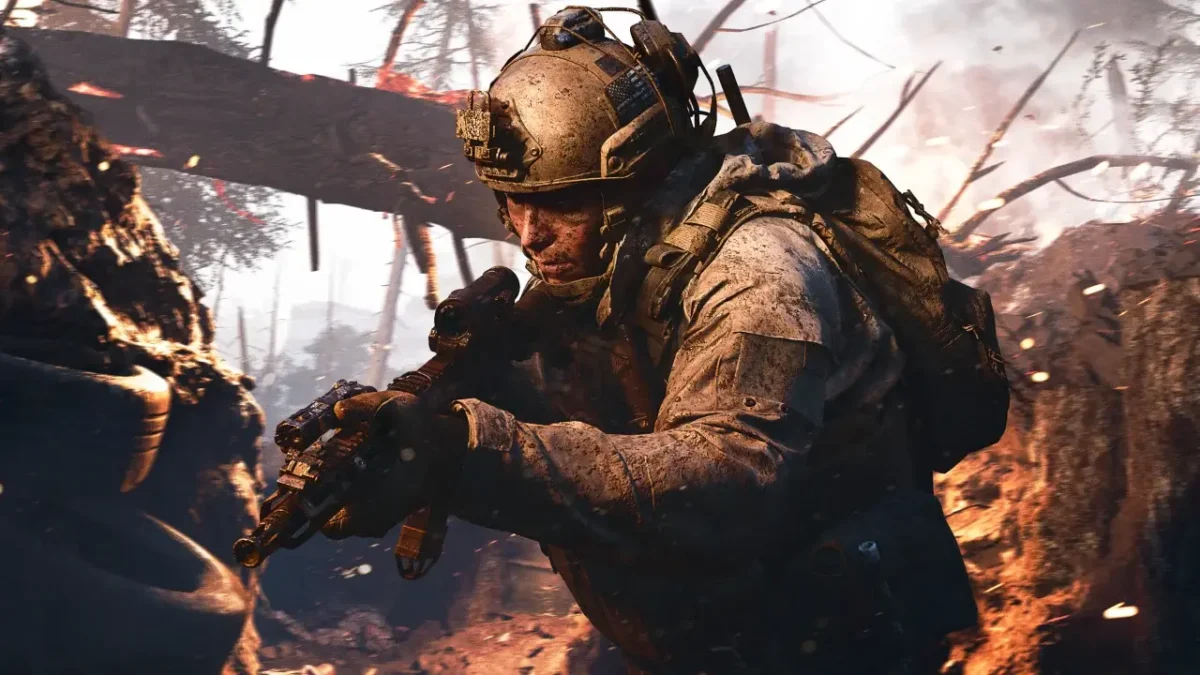 An operator crouched in front of flames and debris in Call of Duty: Modern Warfare 4