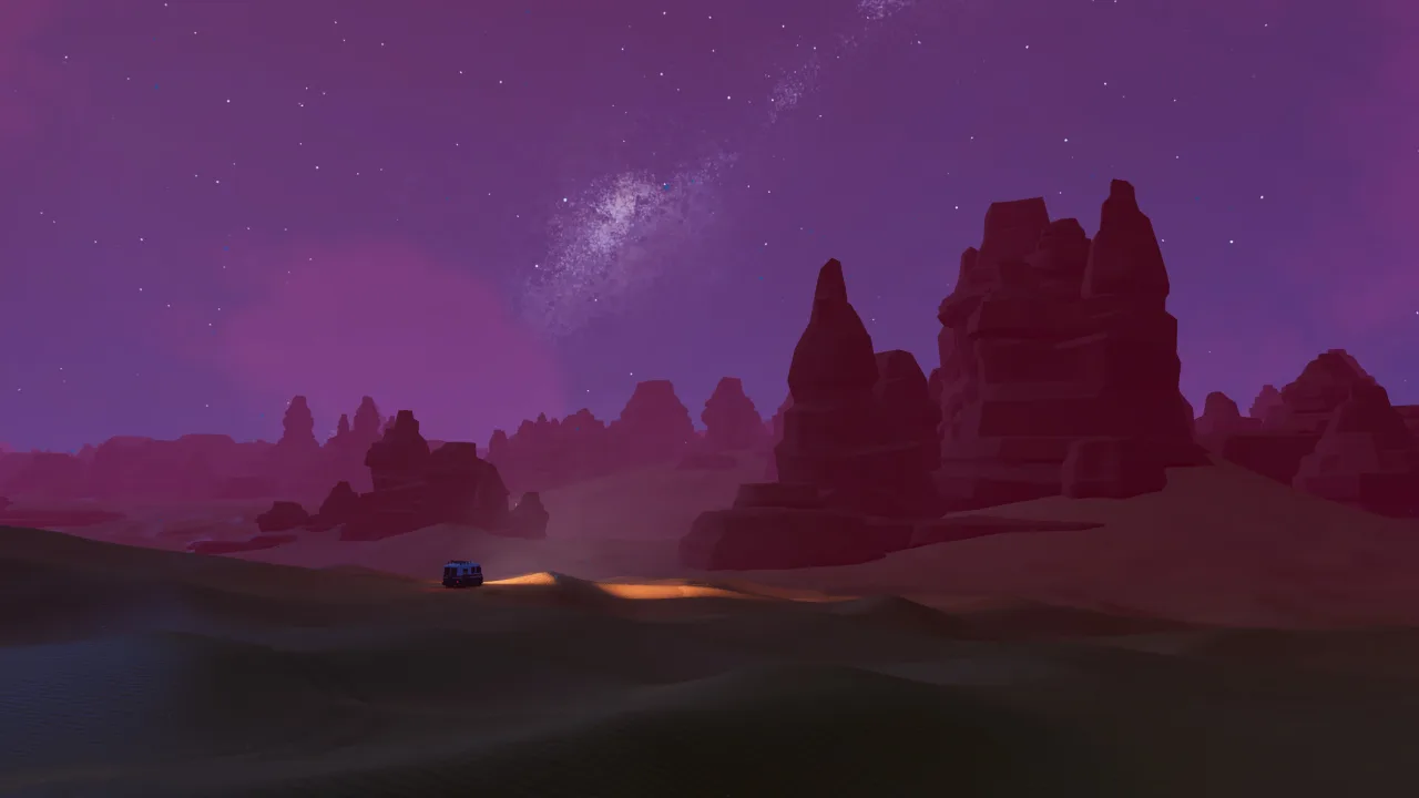 A desert at night under a purple starry sky, with rock formations in the distance and a lone vehicle with its lights on