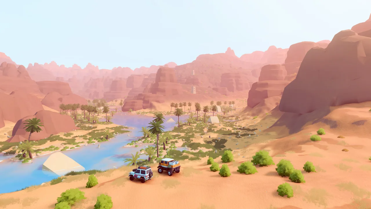 Two off-road vehicles at a desert oasis in Over the Hill