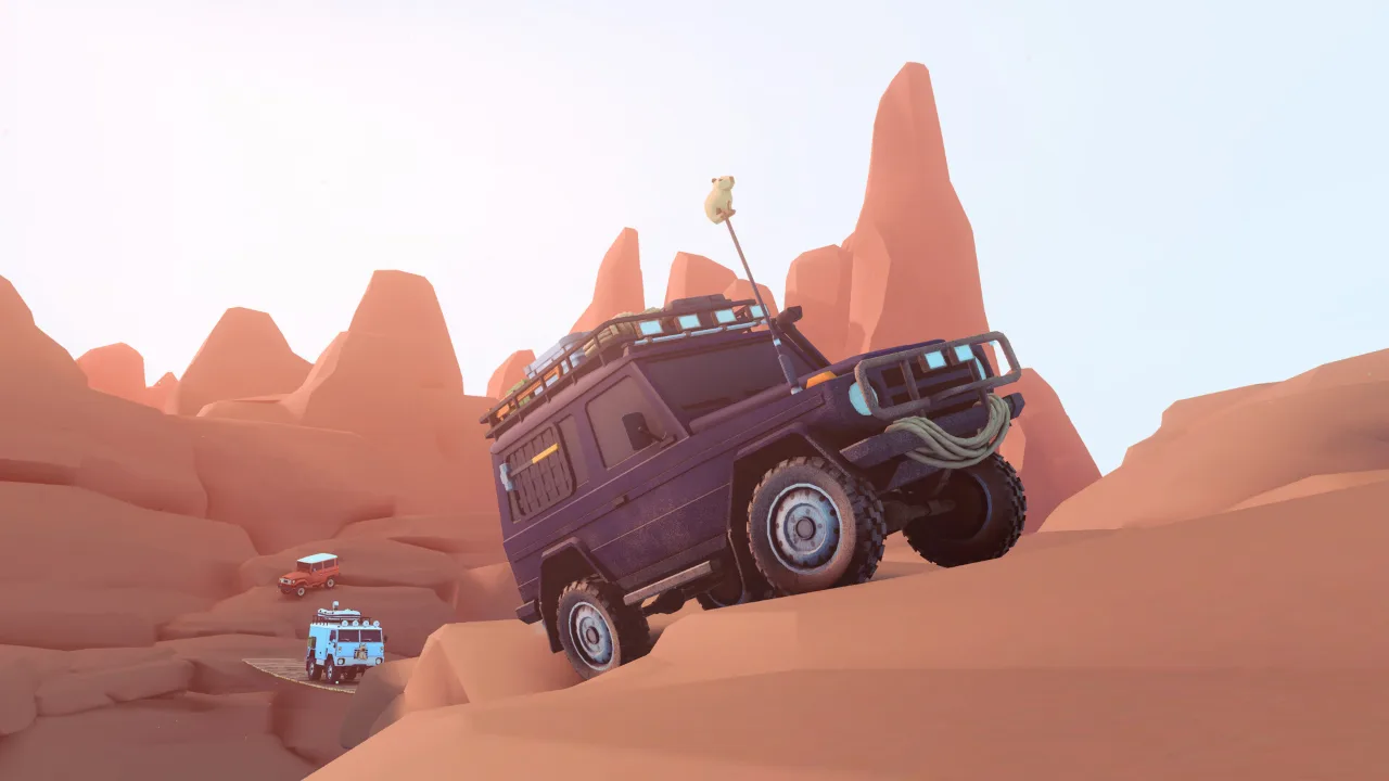 Purple 4x4 climbing a rock face in Over the Hill