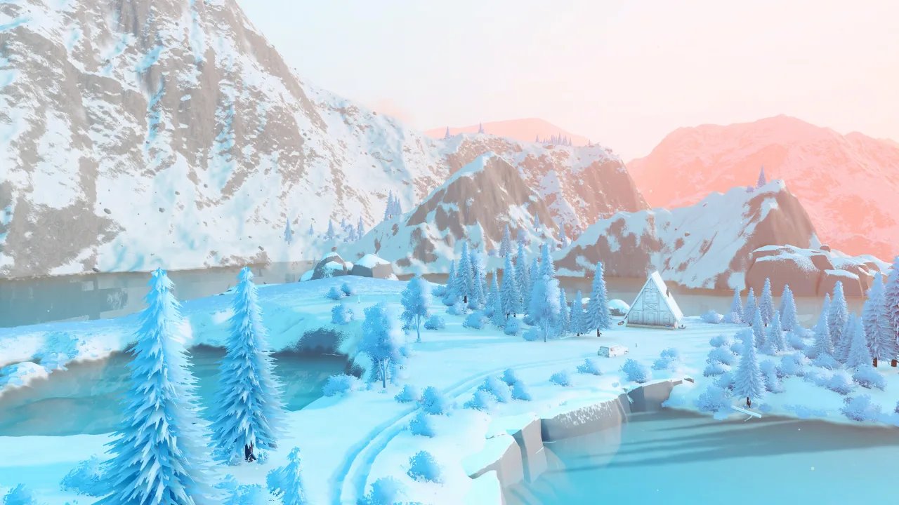 Snowy mountains and pine trees in Over the Hill