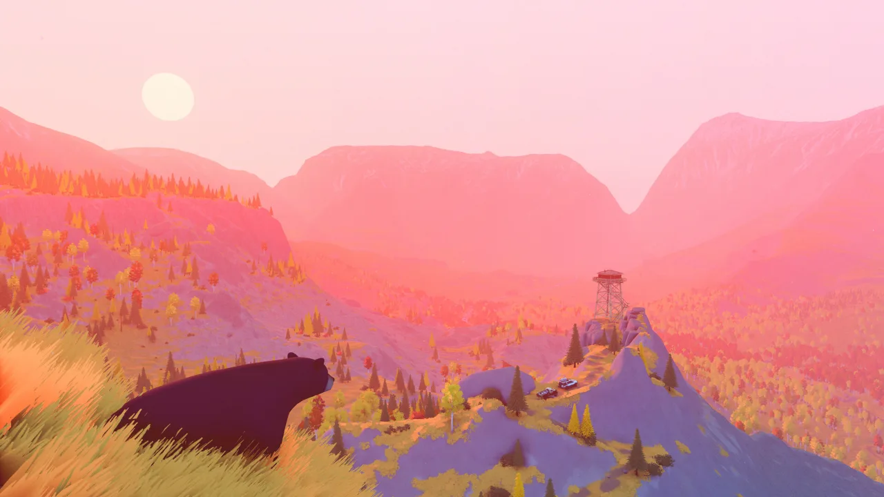 Sunset over a valley with a lookout point and a bear silhouette in Over the Hill