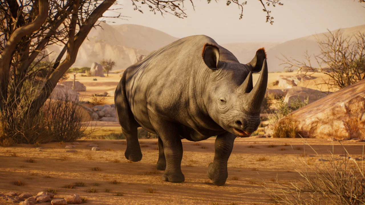A black rhinoceros standing on dry savannah in Planet Zoo 2