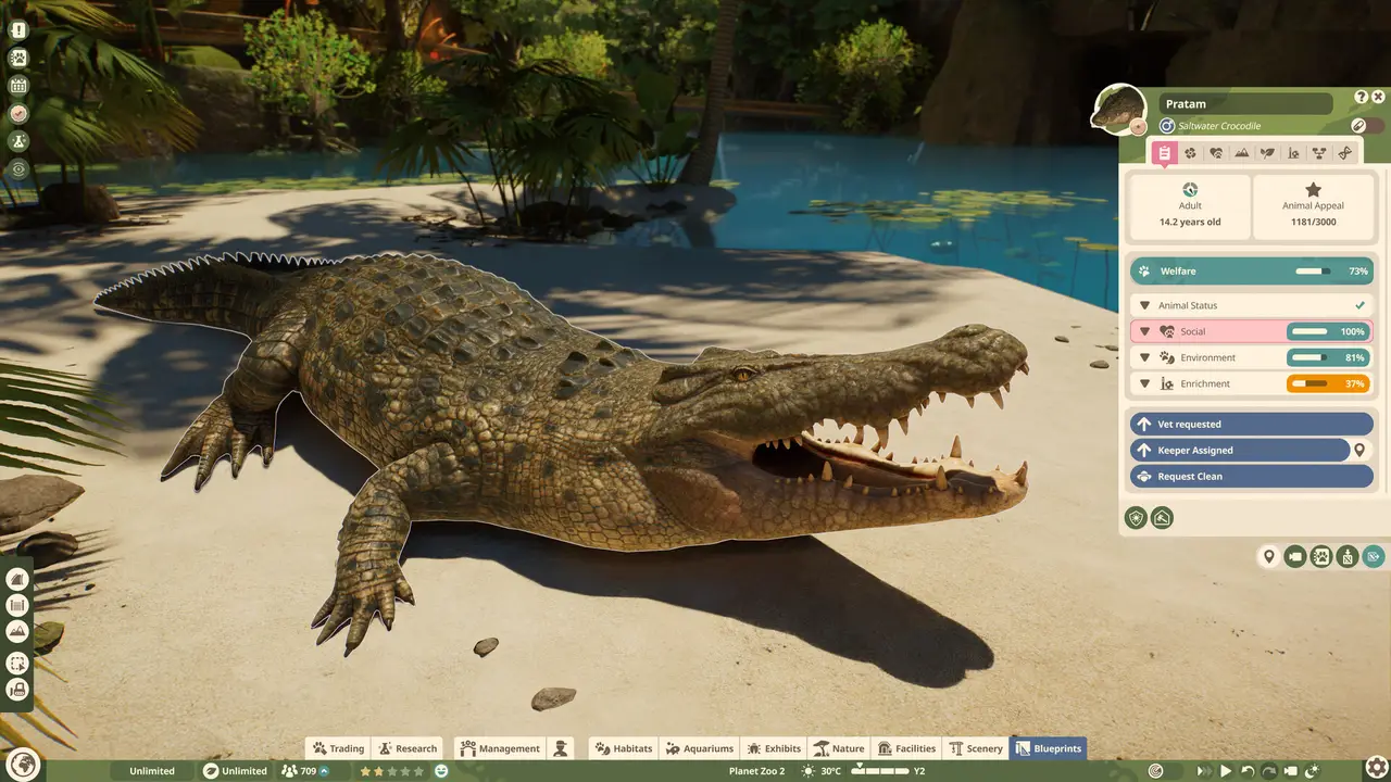 A saltwater crocodile on a sandy bank in Planet Zoo 2, with its welfare panel open showing the social, environment and enrichment bars