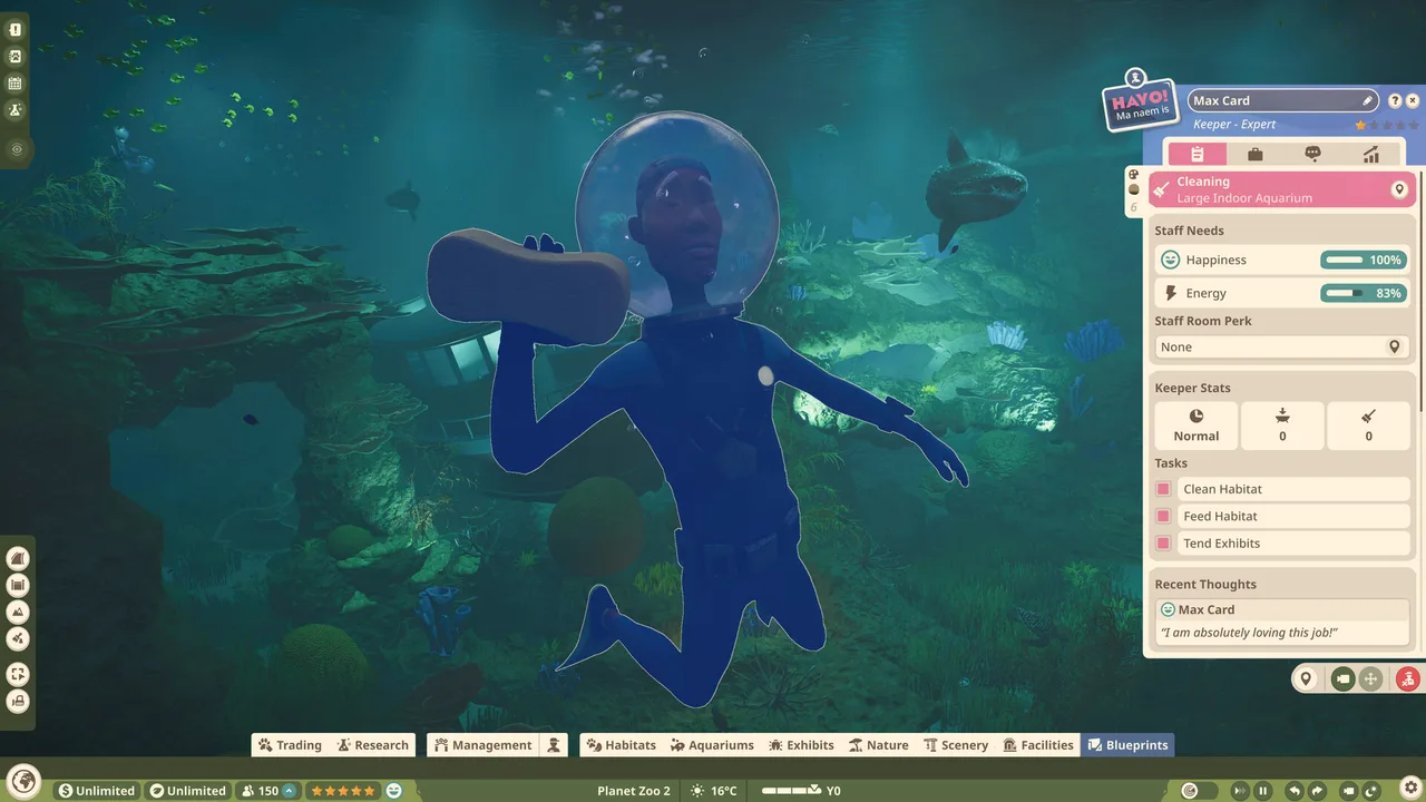 A keeper in a diving helmet cleaning a large indoor aquarium in Planet Zoo 2, with the staff panel open on the right