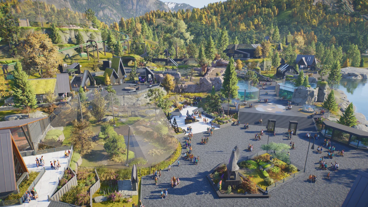 A large Planet Zoo 2 zoo with plazas, paths and several habitats seen from above