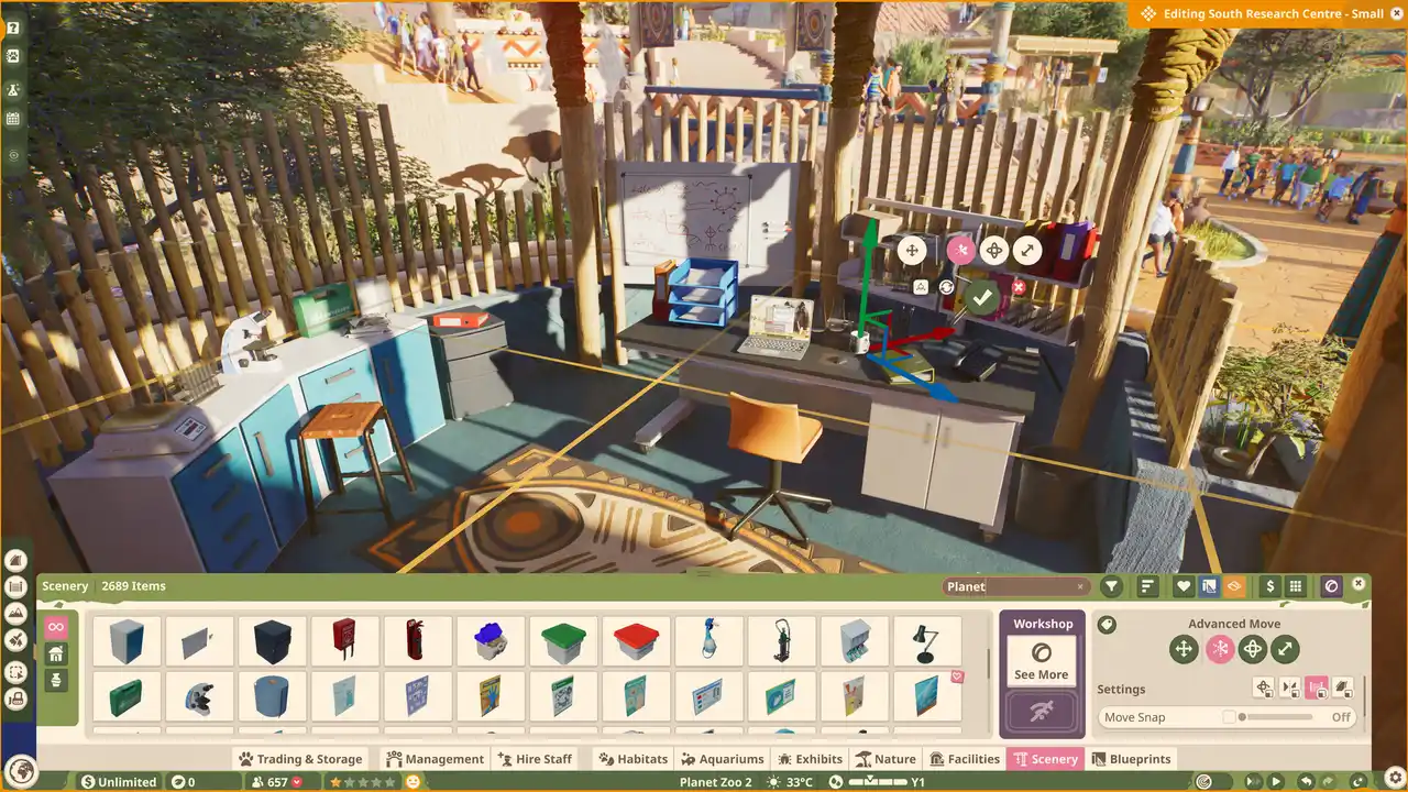 The inside of a small research centre being edited in Planet Zoo 2, with the scenery browser open along the bottom of the screen