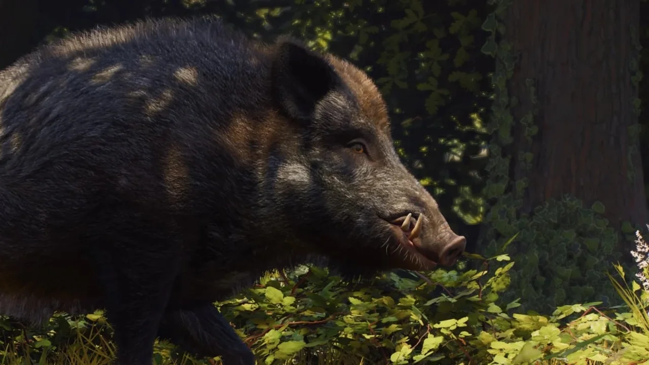 A wild boar foraging in dense green undergrowth in Planet Zoo 2