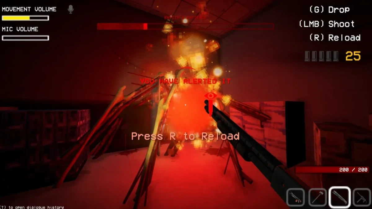 First-person horror gameplay from Shift at Midnight showing a player aiming a shotgun at a spindly, multi-limbed monster in a dark room with a red "You have alerted it" warning.
