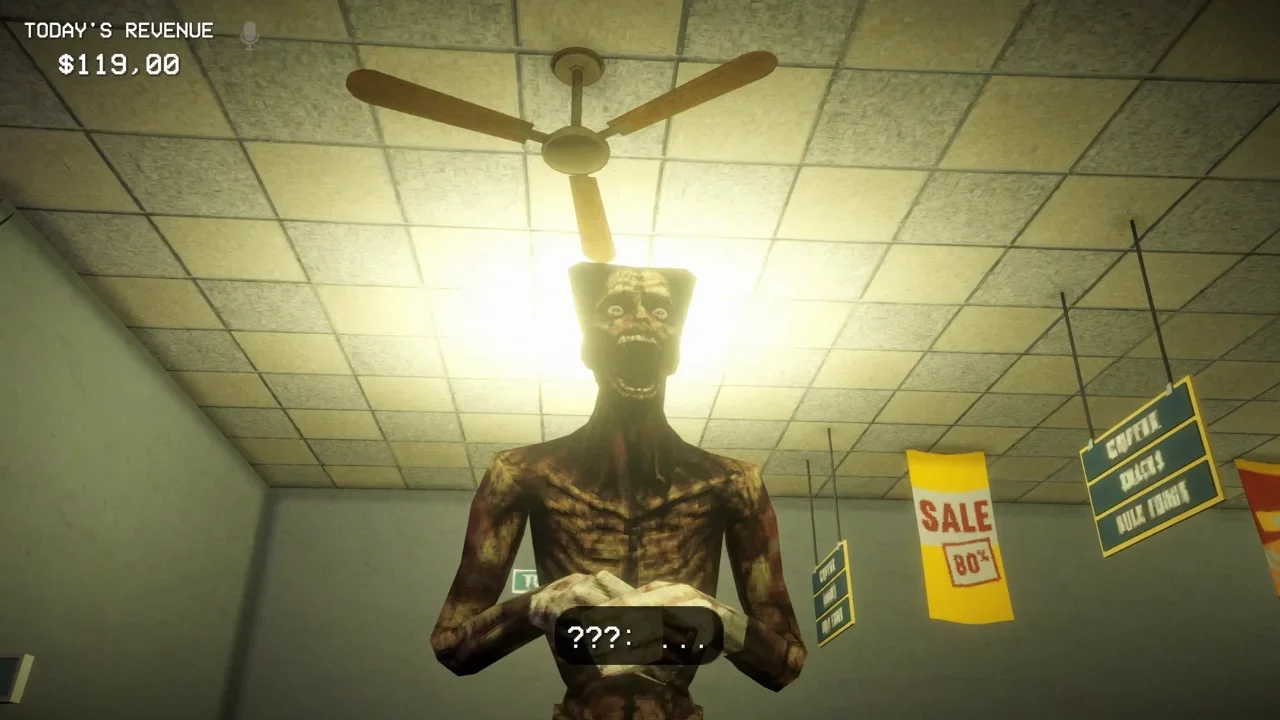 A gameplay screenshot from Shift at Midnight showing a tall, emaciated monster with an open mouth standing in a convenience store under a ceiling fan, with sale signs hanging from the ceiling.