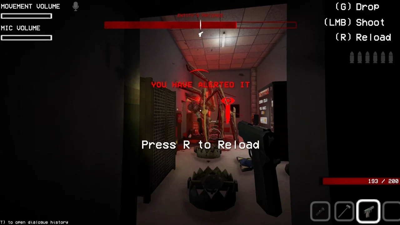 First-person view of a dark storeroom in Shift at Midnight: the player holds a pistol, a spider-like monster stands in a red-lit doorway and a red warning reads